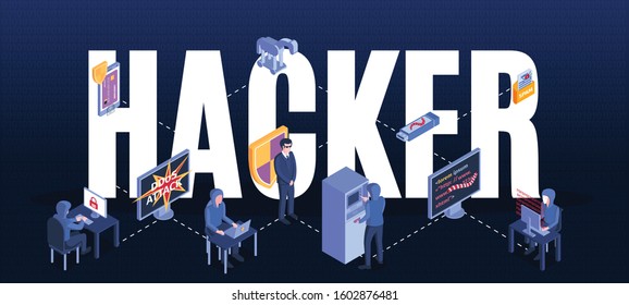 Isometric hacker composition with text and flowchart with cyber criminal characters and pieces of computer equipment vector illustration