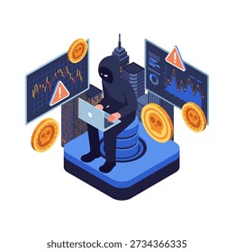 Isometric Hacker Manipulating Cryptocurrency Market. Cryptocurrency Scam Concept