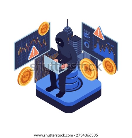 Isometric Hacker Manipulating Cryptocurrency Market. Cryptocurrency Scam Concept
