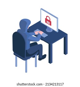 Isometric hacker safety system composition with character of hacker sitting at computer with lock on screen vector illustration