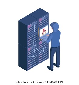 Isometric hacker safety system composition with character of hacker holding laptop in front of server racks vector illustration