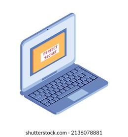 Isometric hacker safety system composition with isolated image of laptop with perfect secret text vector illustration