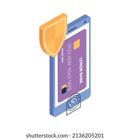 Isometric hacker safety system composition with isolated image of smartphone with fingerprint shield and credit card vector illustration