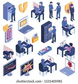 Isometric hacker safety system set of isolated icons with defense shield pictograms server racks and computers vector illustration