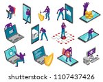 Isometric hacker set of conceptual images with smartphones laptop computers and human character of cyber thief vector illustration
