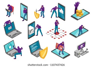 Isometric hacker set of conceptual images with smartphones laptop computers and human character of cyber thief vector illustration