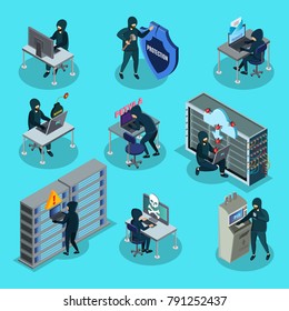 Isometric hacking activity elements set with hackers stealing money information infected computer by viruses trojans isolated vector illustration