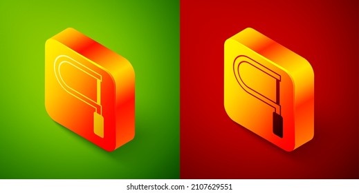 Isometric Hacksaw icon isolated on green and red background. Metal saw for wood and metal. Square button. Vector