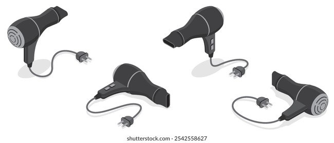 Isometric hair dryer in different perspectives isolated on white background.