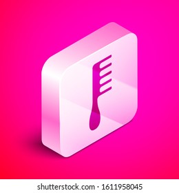 Isometric Hairbrush icon isolated on pink background. Comb hair sign. Barber symbol. Silver square button. Vector Illustration
