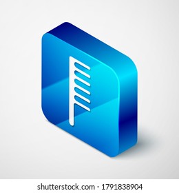 Isometric Hairbrush icon isolated on grey background. Comb hair sign. Barber symbol. Blue square button. Vector Illustration