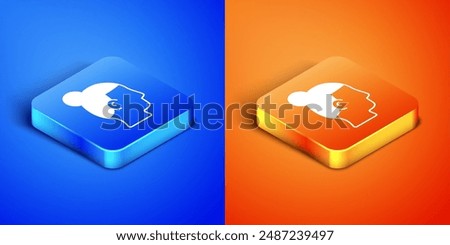 Isometric Hairstyle for men icon isolated on blue and orange background. Square button. Vector