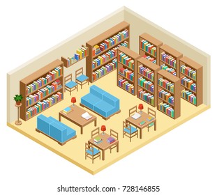 Isometric hall of library, book shelves. Vector illustration