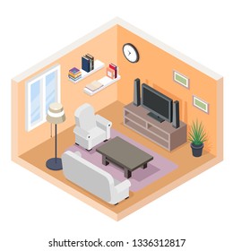Isometric hall tv couch sofa bookshelf modern furniture room cutaway flat design concept isolated vector illustration