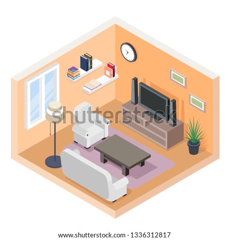 Isometric hall tv couch sofa bookshelf modern furniture room cutaway flat design concept isolated vector illustration
