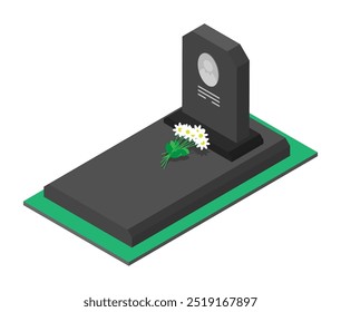 Lápida isométrica del cementerio de Halloween con foto y fecha de vida del fallecido. Vector 3D aislado en el fondo blanco