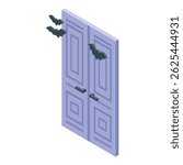 Isometric halloween door decorated with bats flying around, isolated on white background