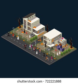 Isometric Halloween Holiday celebration concept with houses castle pumpkins tombstones and people wearing different costumes isolated vector illustration