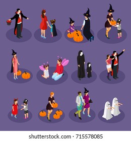 Isometric Halloween holiday collection with people wearing hats and costumes of vampire witch ghost fairy devil isolated vector illustration 