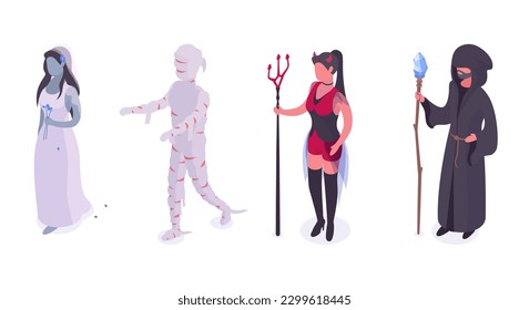 Isometric Halloween party characters. Mummy, wizard and she-devil carnival costumes. Halloween party masquerade 3d vector illustration set