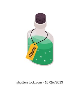 Isometric halloween party composition with glass bottle of mana liquid vector illustration