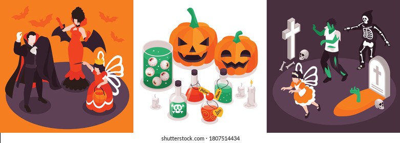 Isometric halloween party design concept with square compositions of funky characters in costumes with potions pumpkins vector illustration