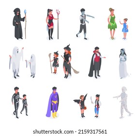 Isometric halloween party ghost, mummy and wizard carnival costumes. Masquerade halloween party characters, vector symbols illustration set. Spooky halloween party collection