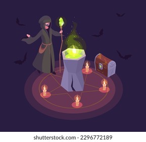 Isometric halloween party poster. Wizard performing magical ritual. Spooky halloween 3d vector background illustration