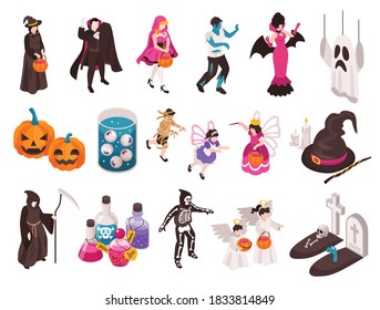 Isometric halloween party set de íconos aislados con imágenes de calabazas de disfraces funky en ilustración vectorial de fondo en blanco