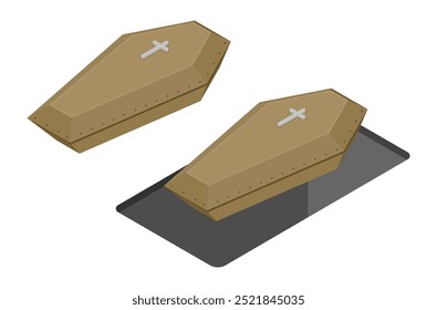 Isometric Halloween process of burying a coffin in a cemetery. 3D vector isolated on white background