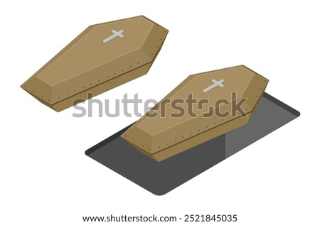 Isometric Halloween process of burying a coffin in a cemetery. 3D vector isolated on white background
