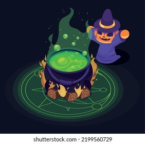 Isometric Halloween Pumpkin And Cauldron