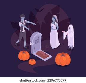 Isometric halloween trick or treat party poster. Spooky halloween party pumpkin, ghost and zombie 3d vector background illustration