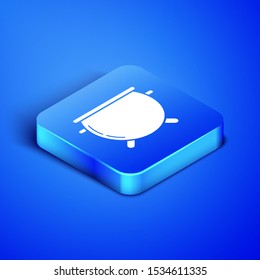 Isometric Halloween witch cauldron icon isolated on blue background. Happy Halloween party. Blue square button. Vector Illustration