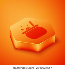 Isometric Halloween witch cauldron icon isolated on orange background. Happy Halloween party. Orange hexagon button. Vector