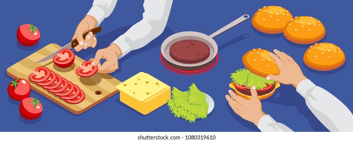 Isometric hamburger making concept with meat bun cheese salad ingredients and tomatos cutting process isolated vector illustration