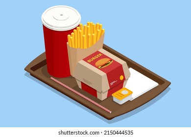 Isometric Hamburger meal served with french fries and soda on a tray. Fast food. Big single cheeseburger.