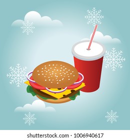 Isometric hamburguer with coke soda with straw. Christmas or New Year fast food dinner. Fast food in snow winter. Illustration for design fast food menu