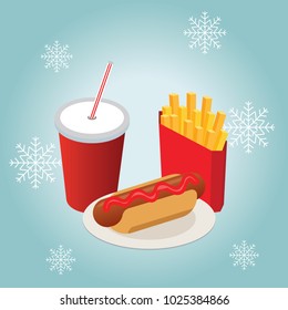 Isometric hamburguer with coke soda with straw french fries. Winter fast food dinner. Fast food in snow winter. Illustration for design fast food menu