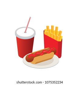 Isometric hamburguer with coke soda with straw french fries. Fast food. Illustration for design fast food menu