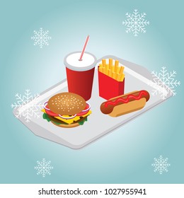 Isometric hamburguer, hot-dog with coke soda with straw french fries on waiter tray. Winter fast food dinner. Fast food in snow winter. Illustration for design fast food menu