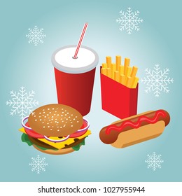 Isometric hamburguer, hot-dog with coke soda with straw french fries. Winter fast food dinner. Fast food in snow winter. Illustration for design fast food menu