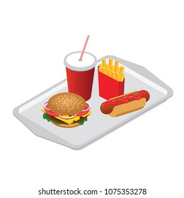 Isometric hamburguer, hot-dog with coke soda with straw french fries on waiter tray. Fast food. Illustration for design fast food menu