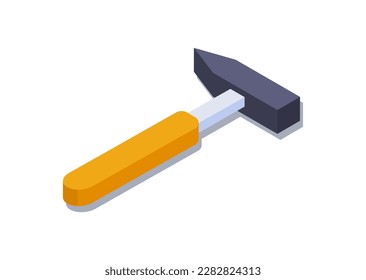 Isometric hammer concept. Construction equipment and tools for nailing, repair and building. Working instrument. Wooden handle with iron. Realistic 3D vector illustration
