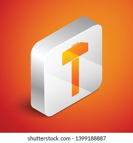Isometric Hammer icon isolated on orange background. Tool for repair. Silver square button. Vector Illustration