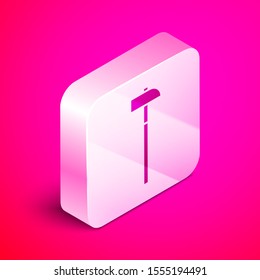Isometric Hammer icon isolated on pink background. Tool for repair. Silver square button. Vector Illustration