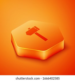 Isometric Hammer icon isolated on orange background. Tool for repair. Orange hexagon button. Vector Illustration