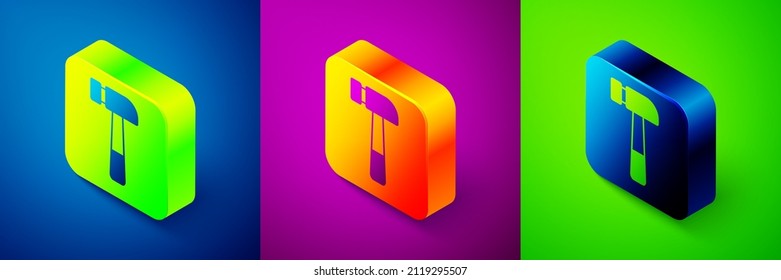 Isometric Hammer icon isolated on blue, purple and green background. Tool for repair. Square button. Vector