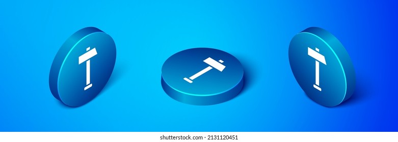 Isometric Hammer icon isolated on blue background. Tool for repair. Blue circle button. Vector Illustration