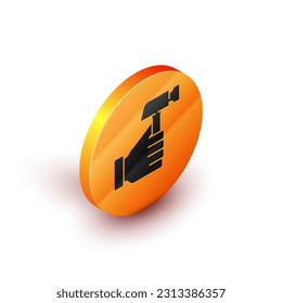Isometric Hammer icon isolated on white background. Tool for repair. Orange circle button. Vector